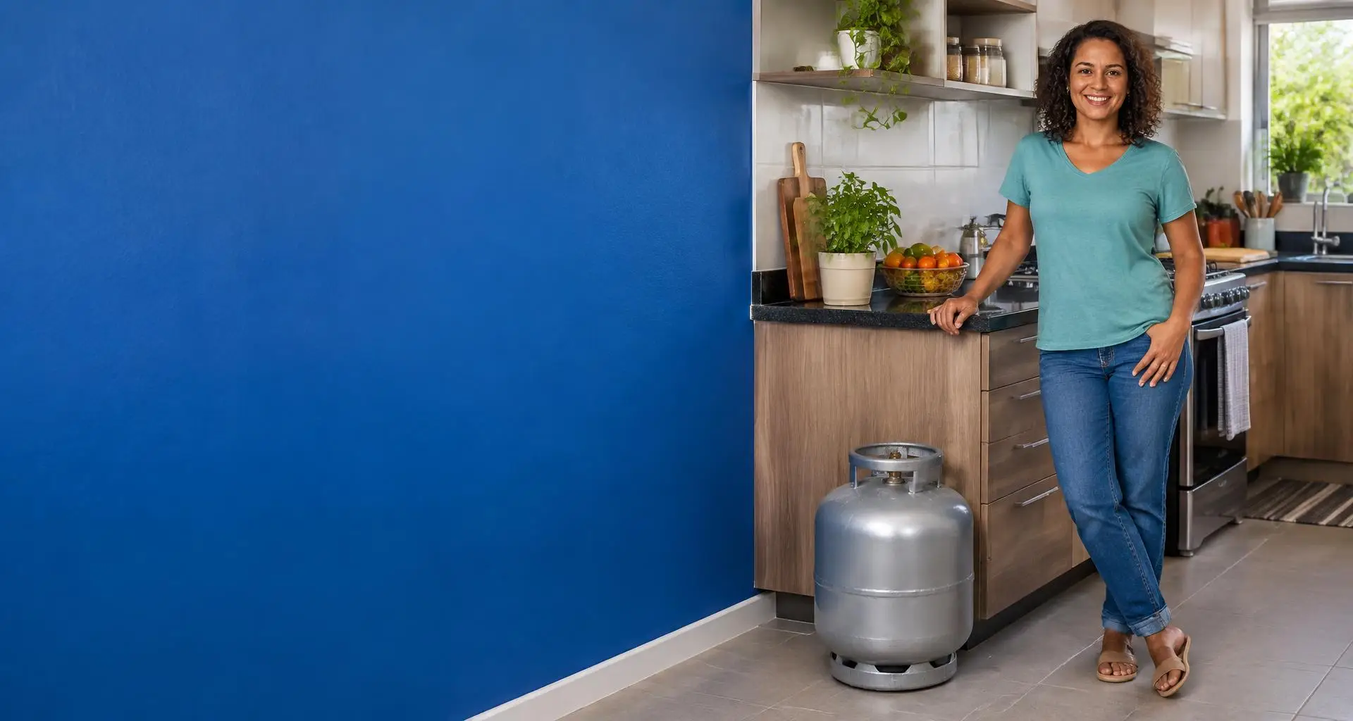 Cliente em sua cozinha com um botijão de gás P13
